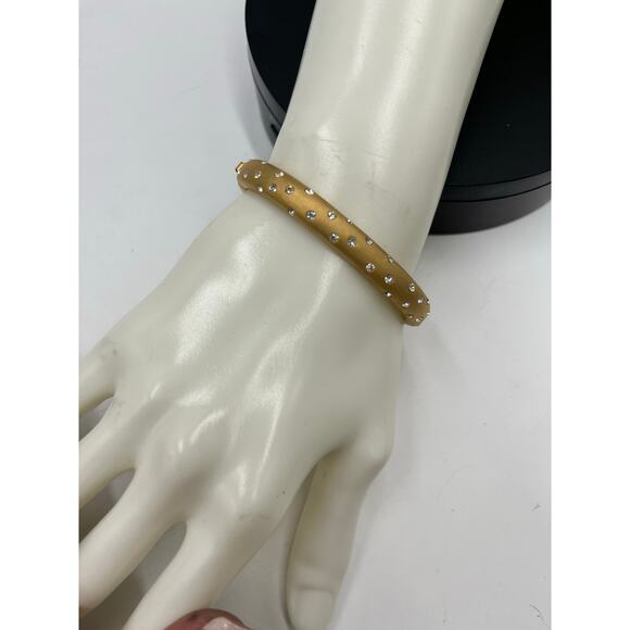 Swarovski Swan Signed Brushed Matte Gold Hinged Clamper Crystal Bangle Bracelet - Picture 2 of 7